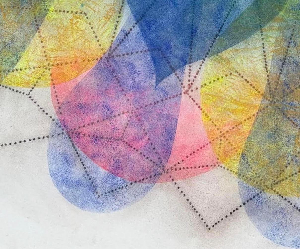 Water Mill Pinwheel Series 11A, Blue+Pink Abstract Geometric Mandala, 30x30in. - Gray Abstract Painting by Mary Judge