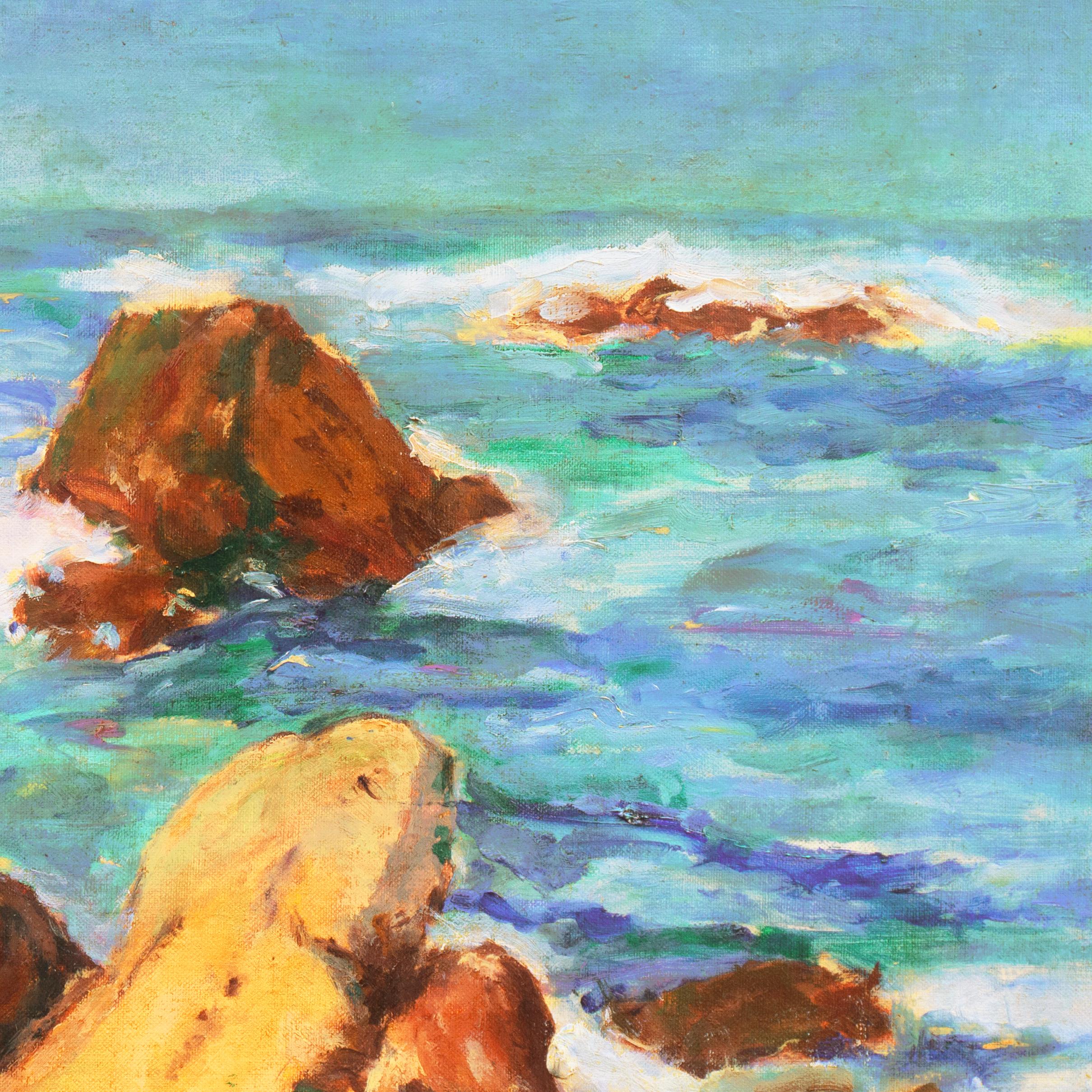 'Rompe Costas', Óleo postimpresionista de mediados de siglo, Mujer artista - Landscape Painting Azul de Mary Juergens