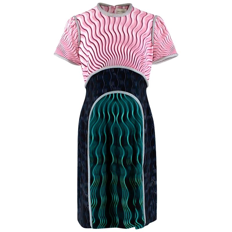 Mary Kantrantzou Pink Black & Green Wave Print Piped Dress - Size US 10