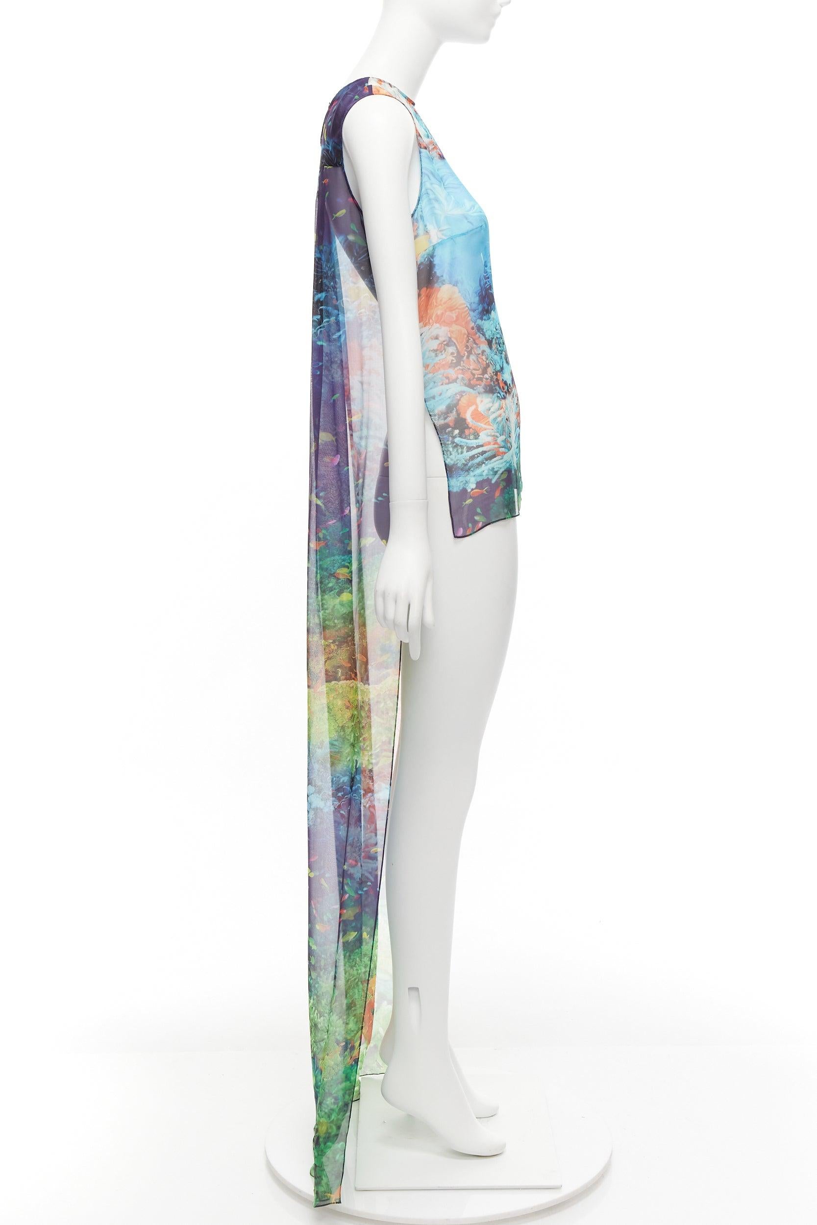 Women's MARY KATRANTZOU 100% silk colourful aquatic print high low sheer top UK8 S For Sale