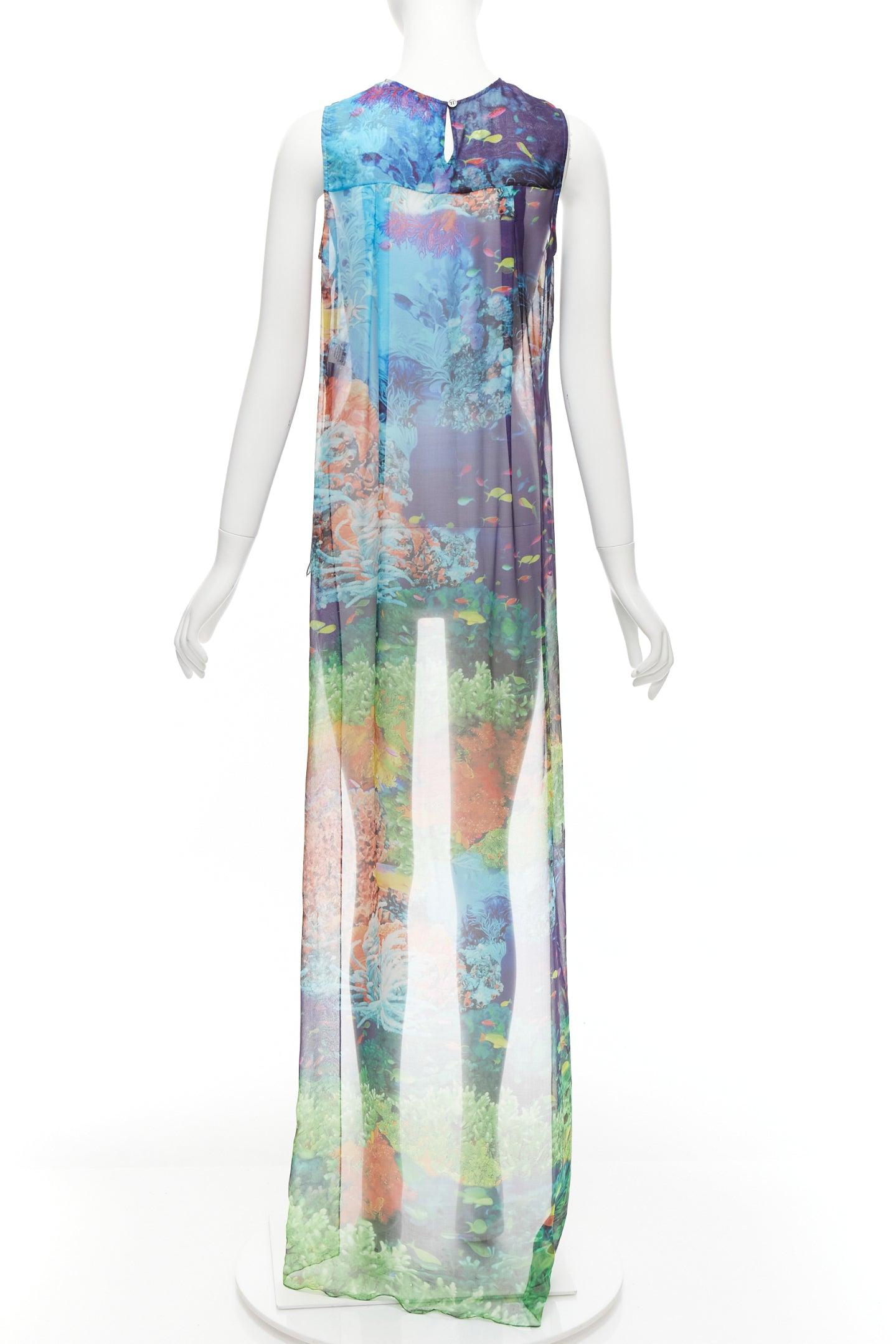 MARY KATRANTZOU 100% silk colourful aquatic print high low sheer top UK8 S For Sale 1