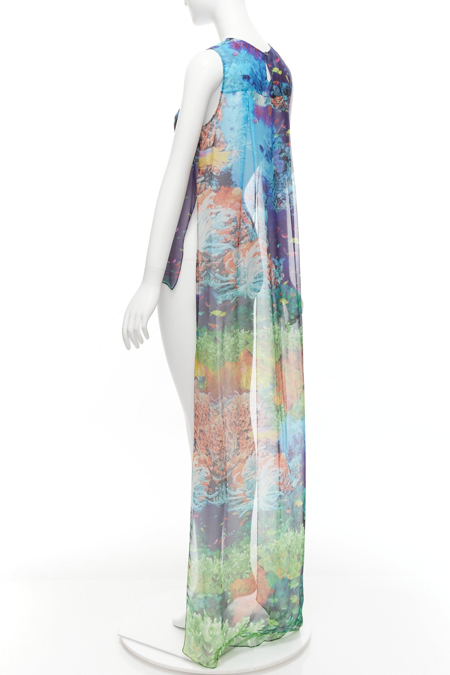 MARY KATRANTZOU 100% silk colourful aquatic print high low sheer top UK8 S For Sale 2