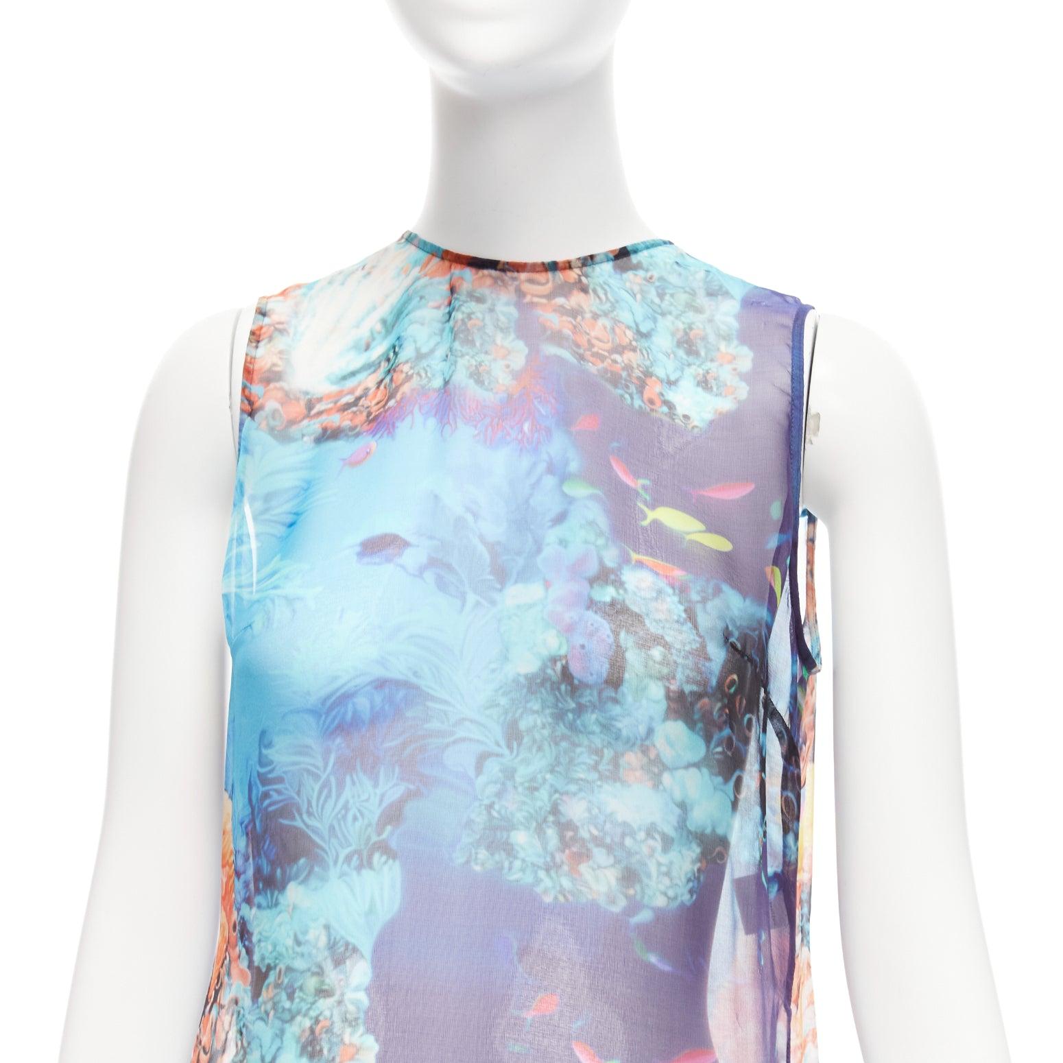 MARY KATRANTZOU 100% silk colourful aquatic print high low sheer top UK8 S For Sale 3