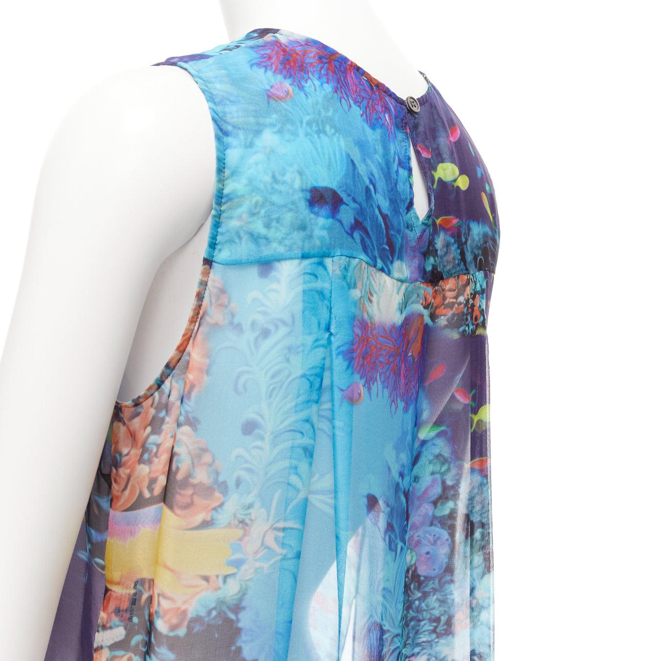MARY KATRANTZOU 100% silk colourful aquatic print high low sheer top UK8 S For Sale 4
