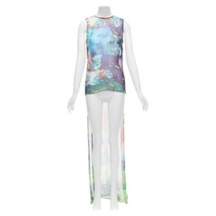 MARY KATRANTZOU 100% silk colourful aquatic print high low sheer top UK8 S