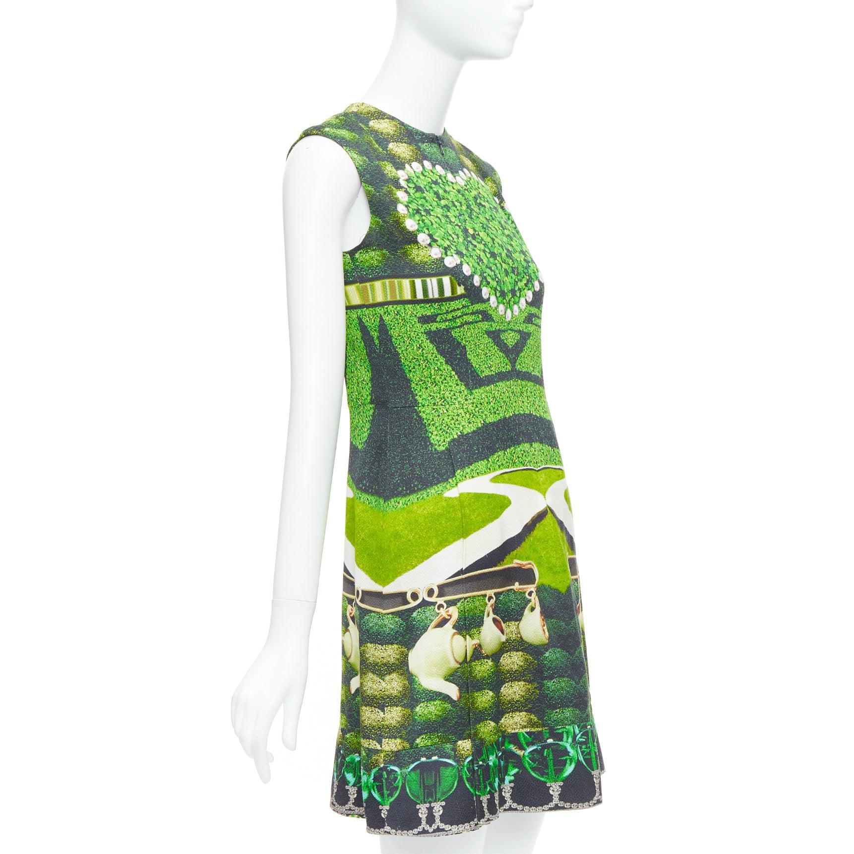 Gray MARY KATRANTZOU 2012 Runway green heart garden party print shift dress UK10 M For Sale