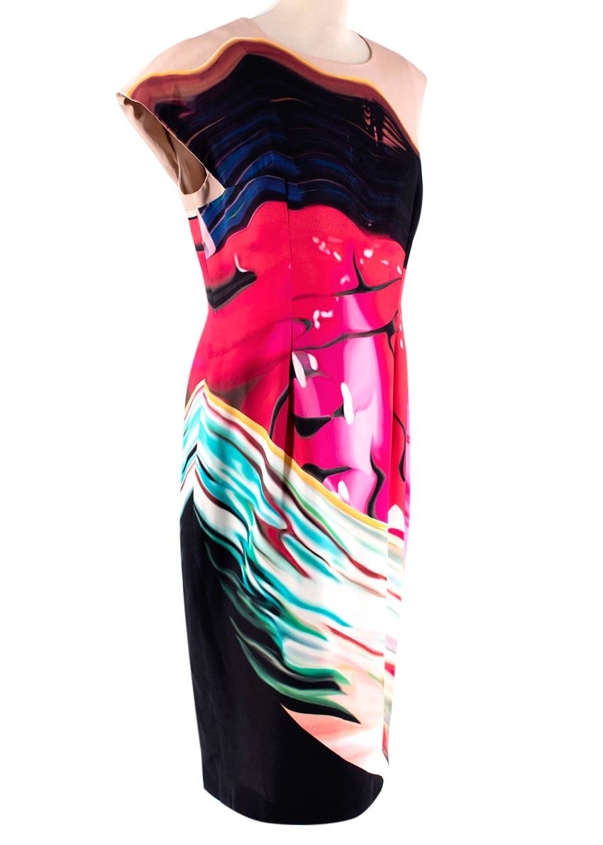 Mary Katrantzou Abstract Print Silk Asymmetrical Shoulder Dress - Size US 10 For Sale 4