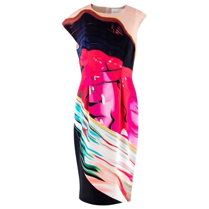 Mary Katrantzou Abstract Print Silk Asymmetrical Shoulder Dress - Size US 10 For Sale