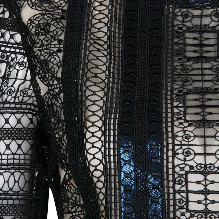 Mary Katrantzou Black Chestripe Lace Metallic Trim Short Sleeve Top M ...