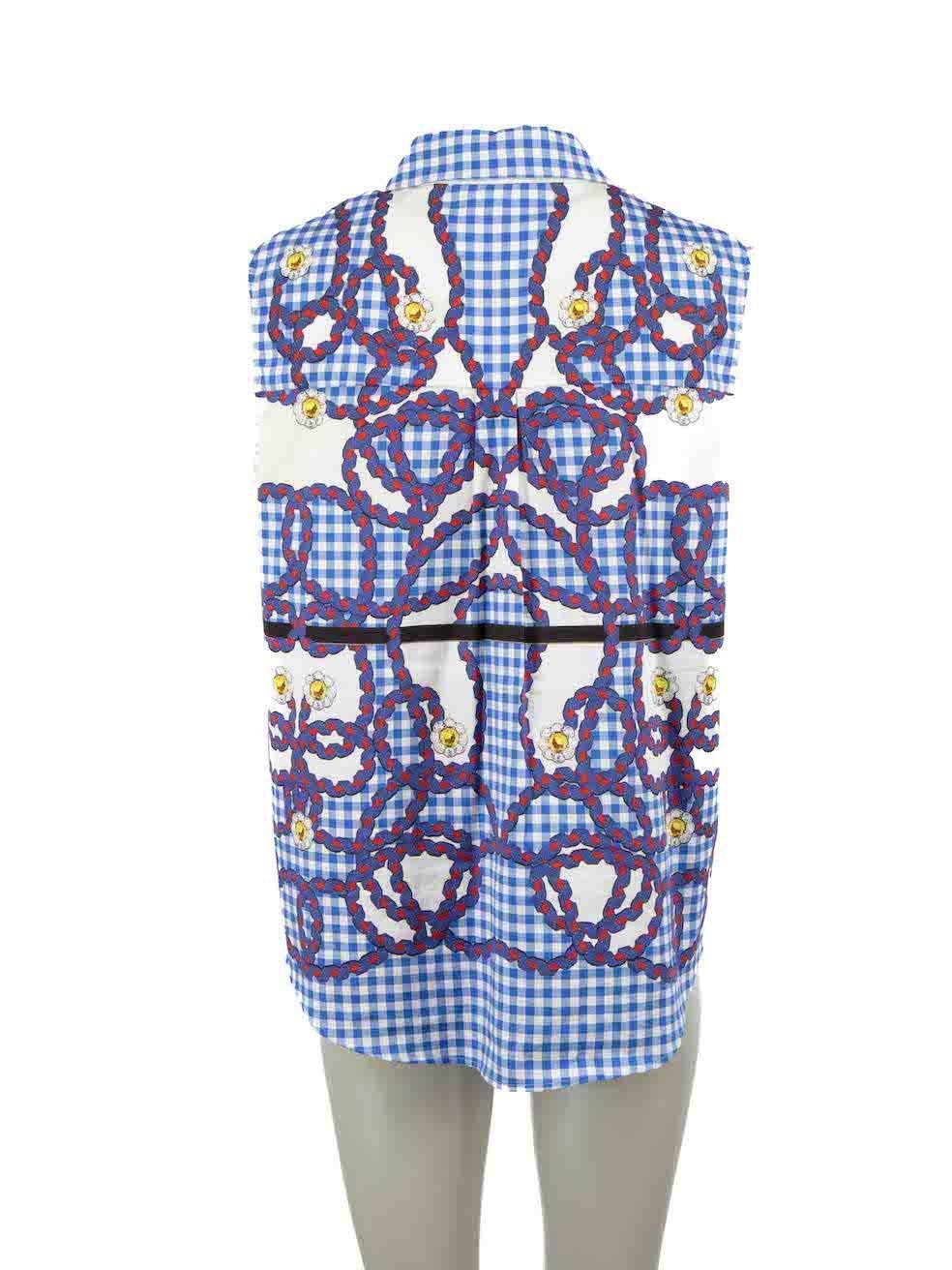 Mary Katrantzou Blue Gingham Sleeveless Shirt Size L In Good Condition For Sale In London, GB