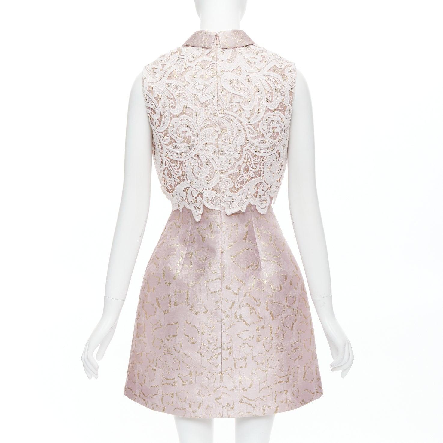 MARY KATRANTZOU blush gold jacquard crystal lace overlay bodice dress UK10 M 1