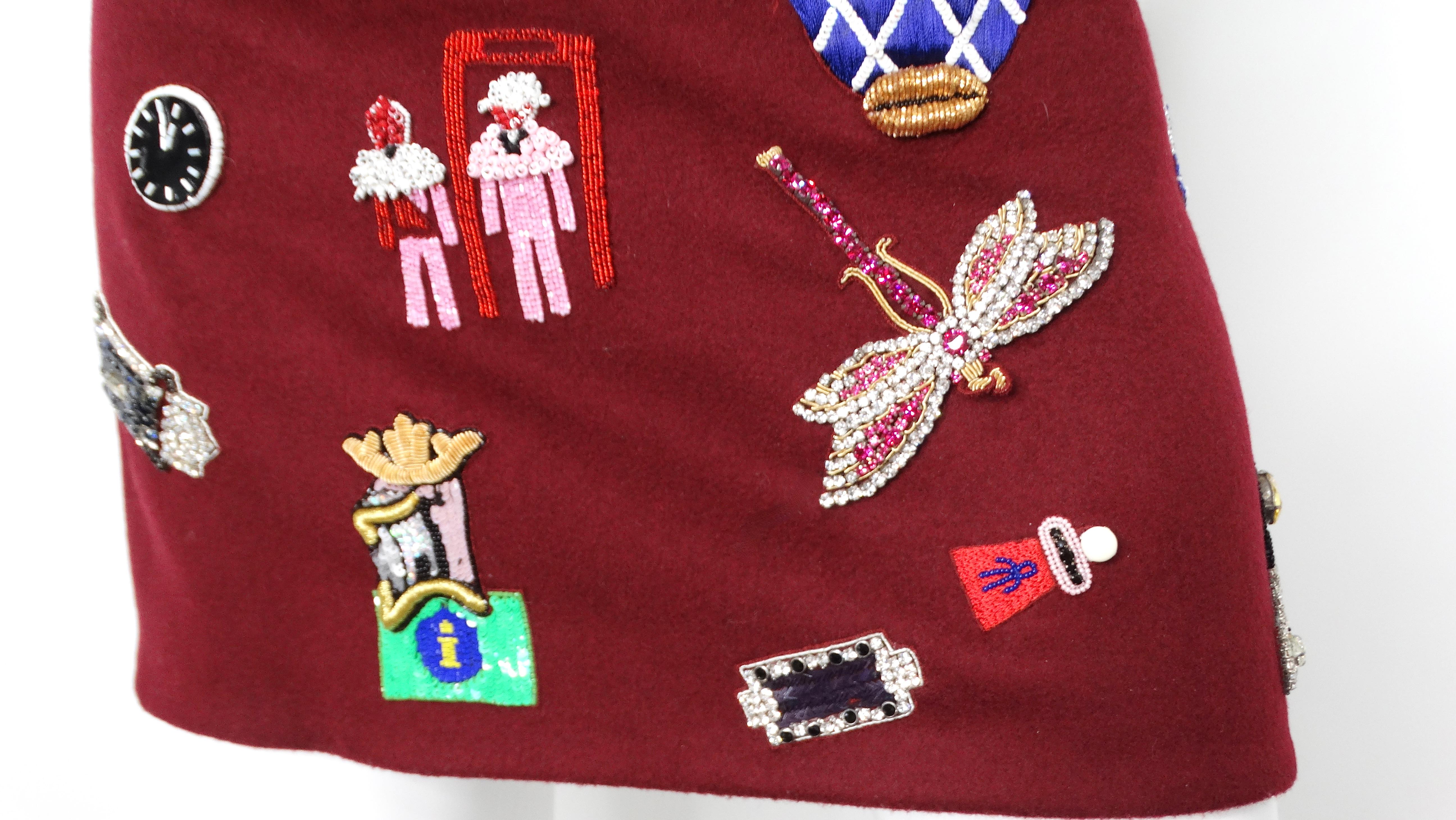 Mary Katrantzou Burgundy Wool Patch Mini Skirt In Good Condition For Sale In Scottsdale, AZ