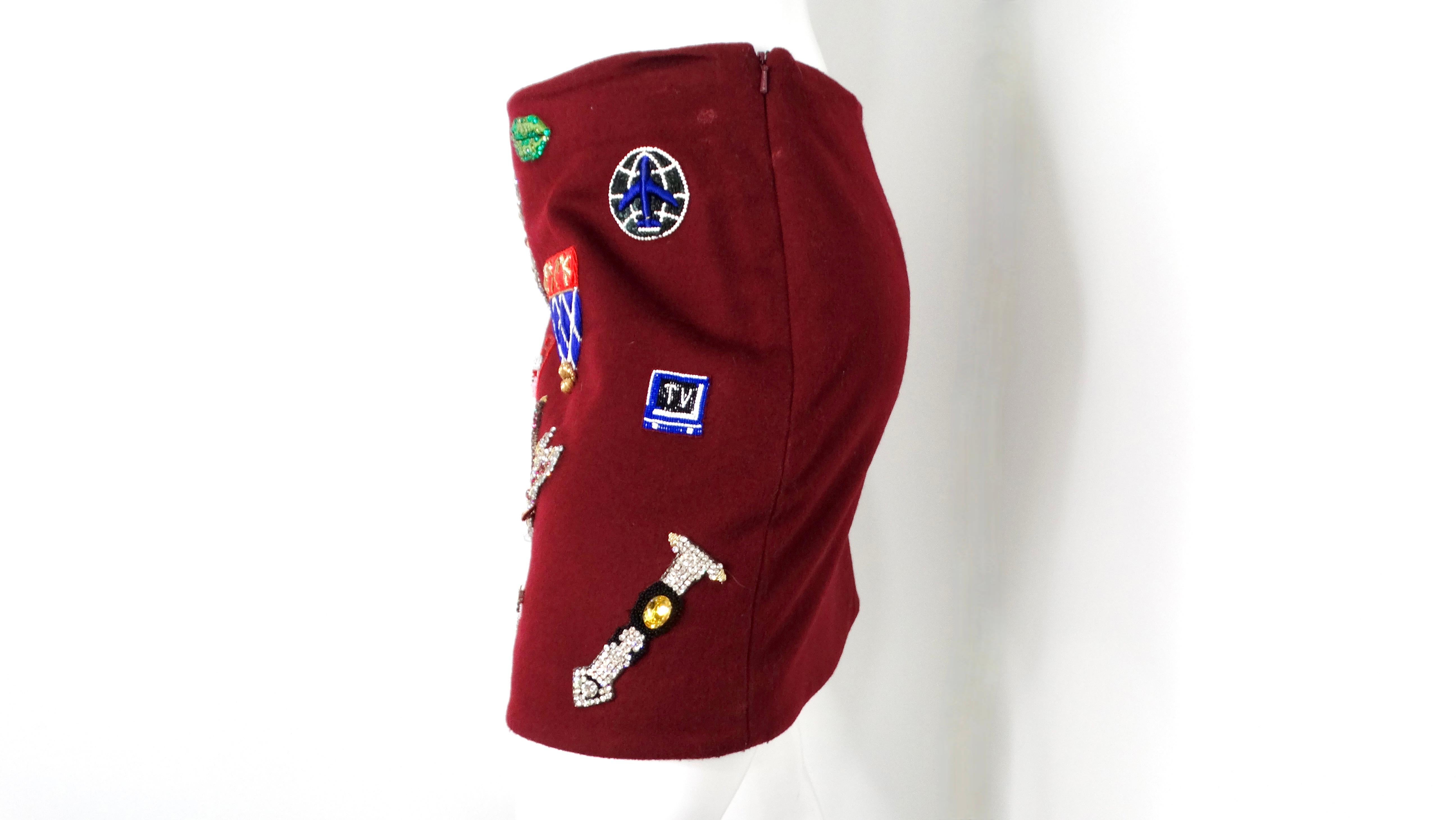 Mary Katrantzou Burgundy Wool Patch Mini Skirt For Sale 1