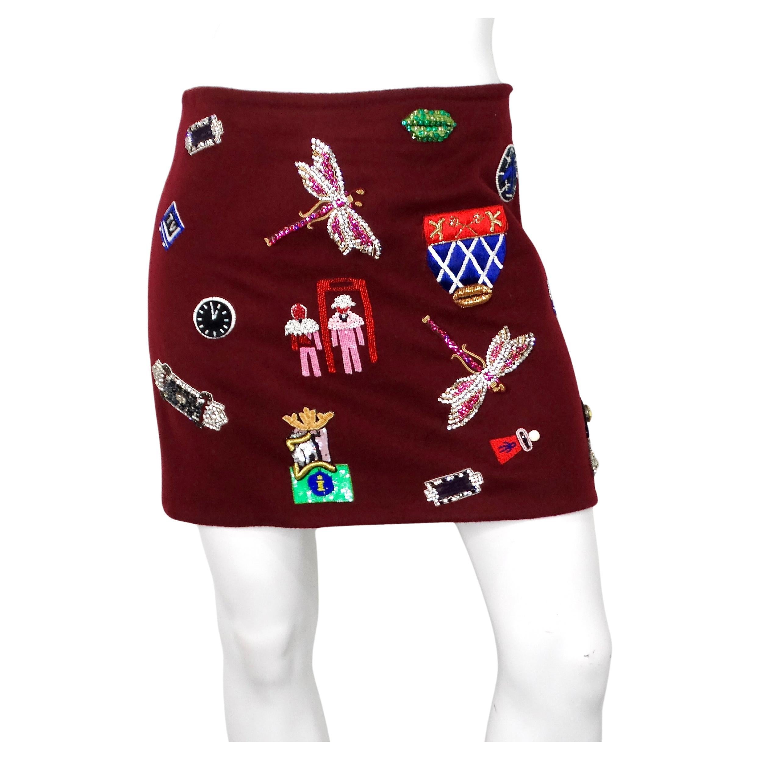 Mary Katrantzou Burgundy Wool Patch Mini Skirt For Sale