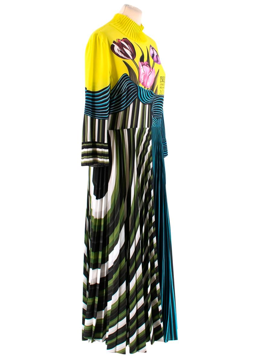 Mary Katrantzou Carni Pleated Maxi Dress

- high neckline 
- pleated detail at neckline and skirt 
- long sleeve 
- side zip closure 
- slight flare at cuff 

shoulders: 9cm
sleeves: 47cm
bust: 50cm
waist: 38cm 
length: 115cm
