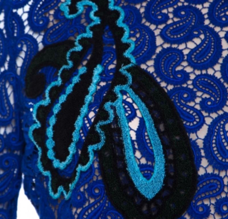 Mary Katrantzou Cobalt Blue Paisley Macrame Lace Overlay Geri Shift Dress M In Excellent Condition In Dubai, Al Qouz 2