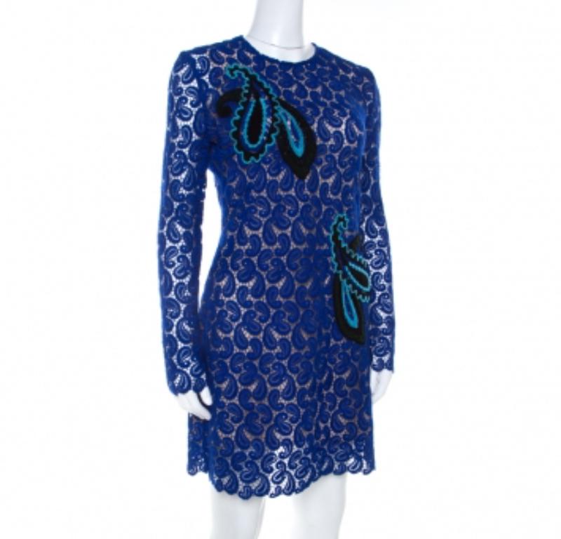 Mary Katrantzou Cobalt Blue Paisley Macrame Lace Overlay Geri Shift Dress M 2