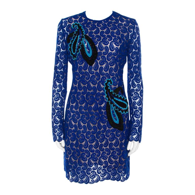 Mary Katrantzou Cobalt Blue Paisley Macrame Lace Overlay Geri Shift Dress M For Sale
