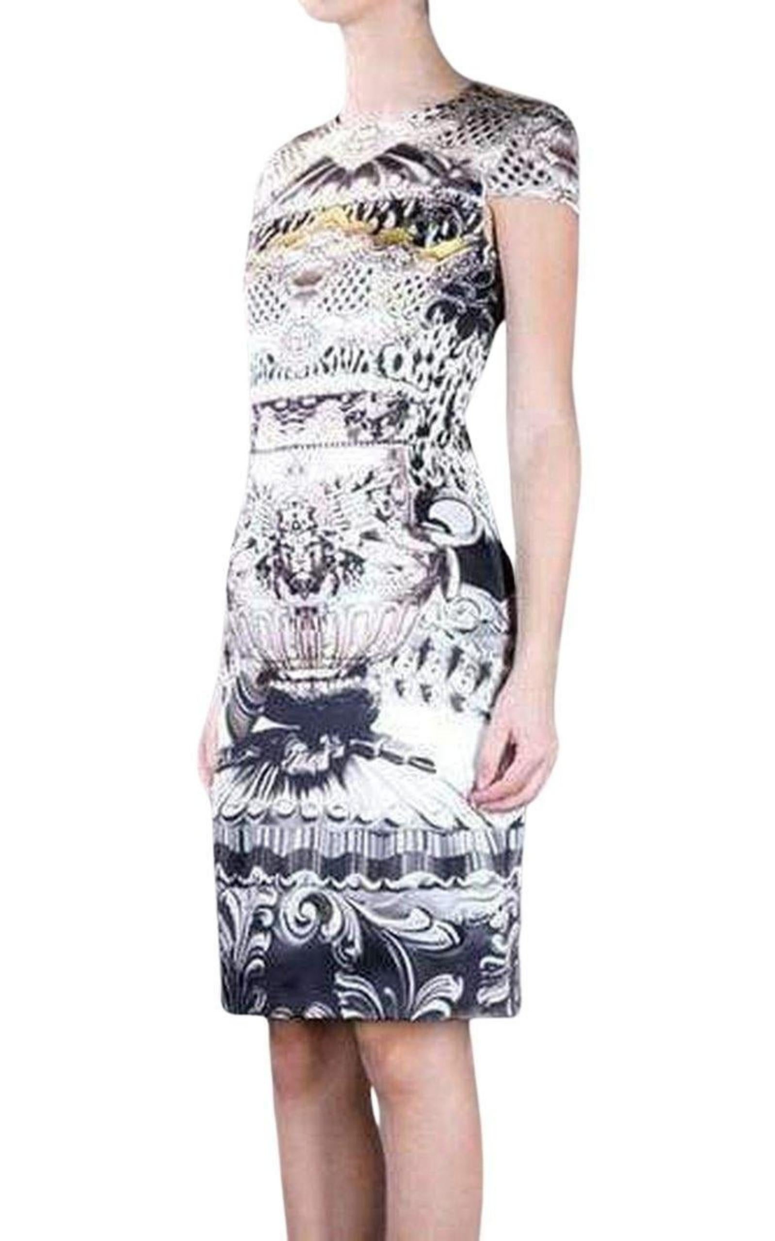 Gray Mary Katrantzou Ebony Scroll Print Silk Dress UK 10 / US 6 For Sale