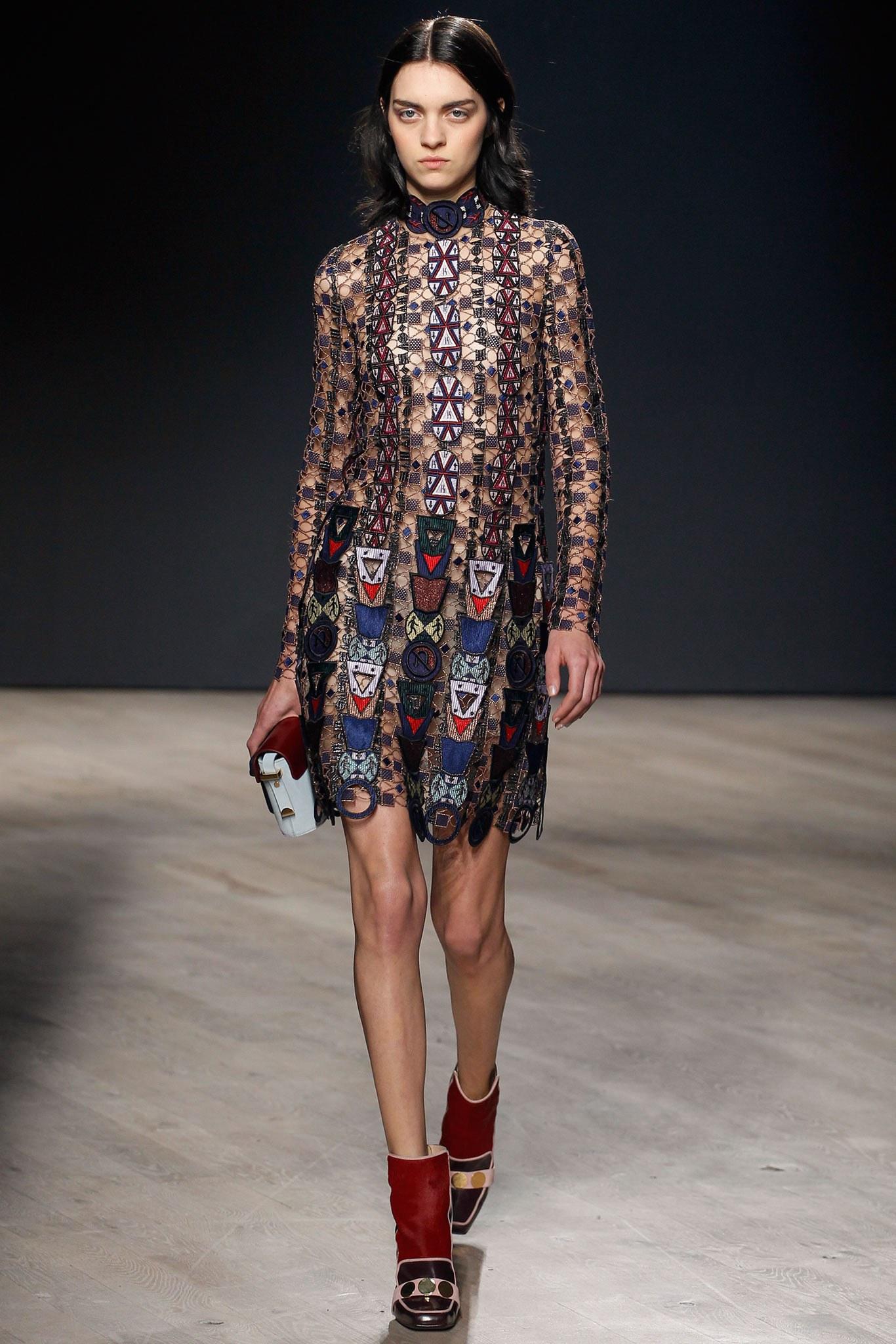 Mary Katrantzou Fall 2014 Navy and Gold Pincop Guipure Lace Dress.  Original retail $14,305 USD at Moda Operandi. Long sleeve thick guipure lace dress in navy, purple, copper, pewter, plum, red, green, on a nude sheer mesh base.  Decorated with