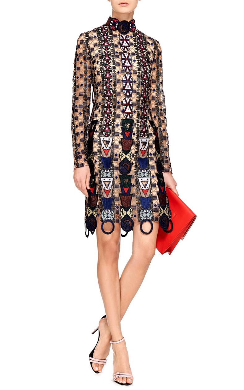 Mary Katrantzou Fall 2014 Navy and Gold Pincop Guipure Lace Dress - 2 1