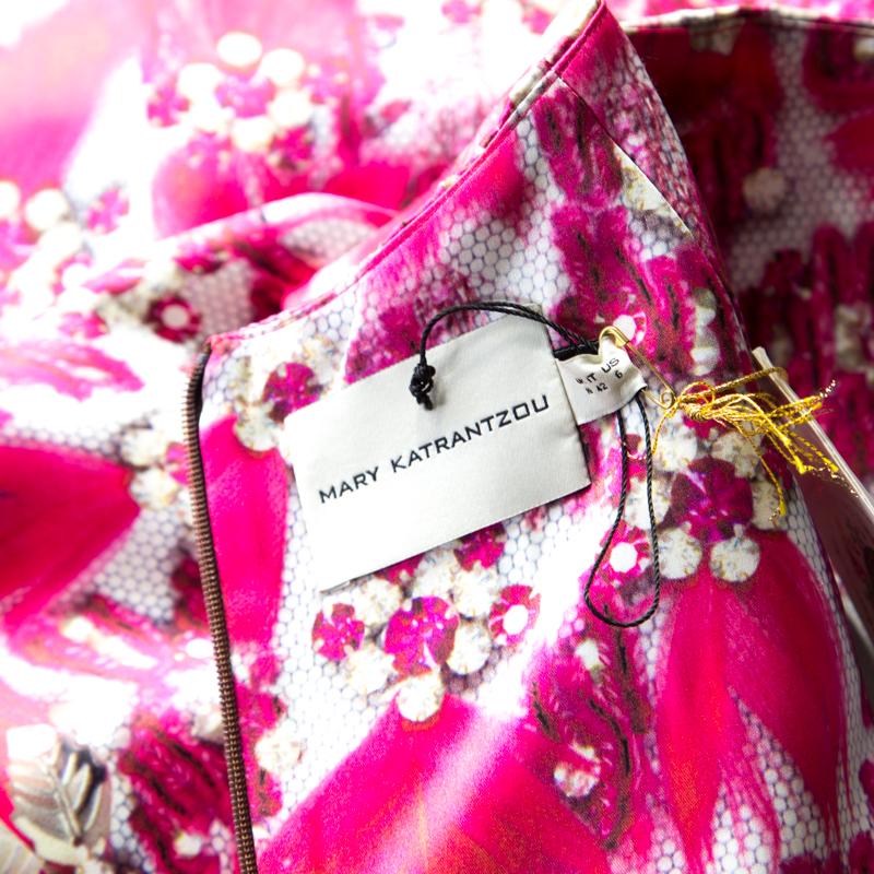 Women's Mary Katrantzou Fuchsia Pink Bejeweled Feather Printed Silk Satin Evening Gown M