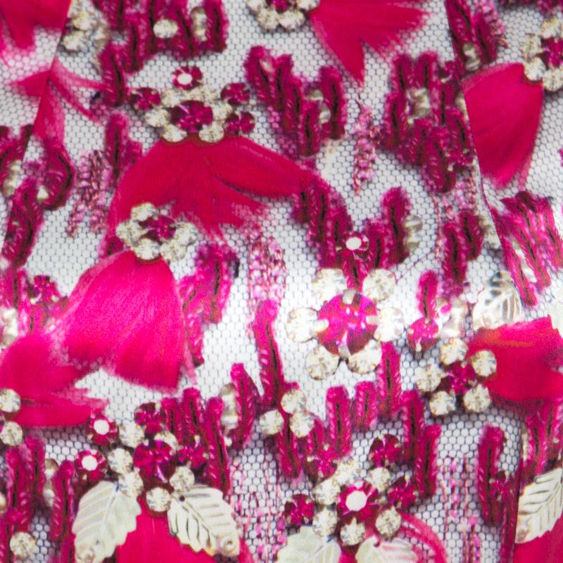 Mary Katrantzou Fuchsia Pink Bejeweled Feather Printed Silk Satin Evening Gown M In Good Condition In Dubai, Al Qouz 2