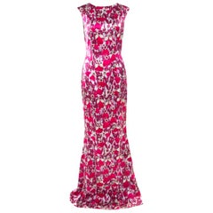 Mary Katrantzou Fuchsia Pink Bejeweled Feather Printed Silk Satin Evening Gown M