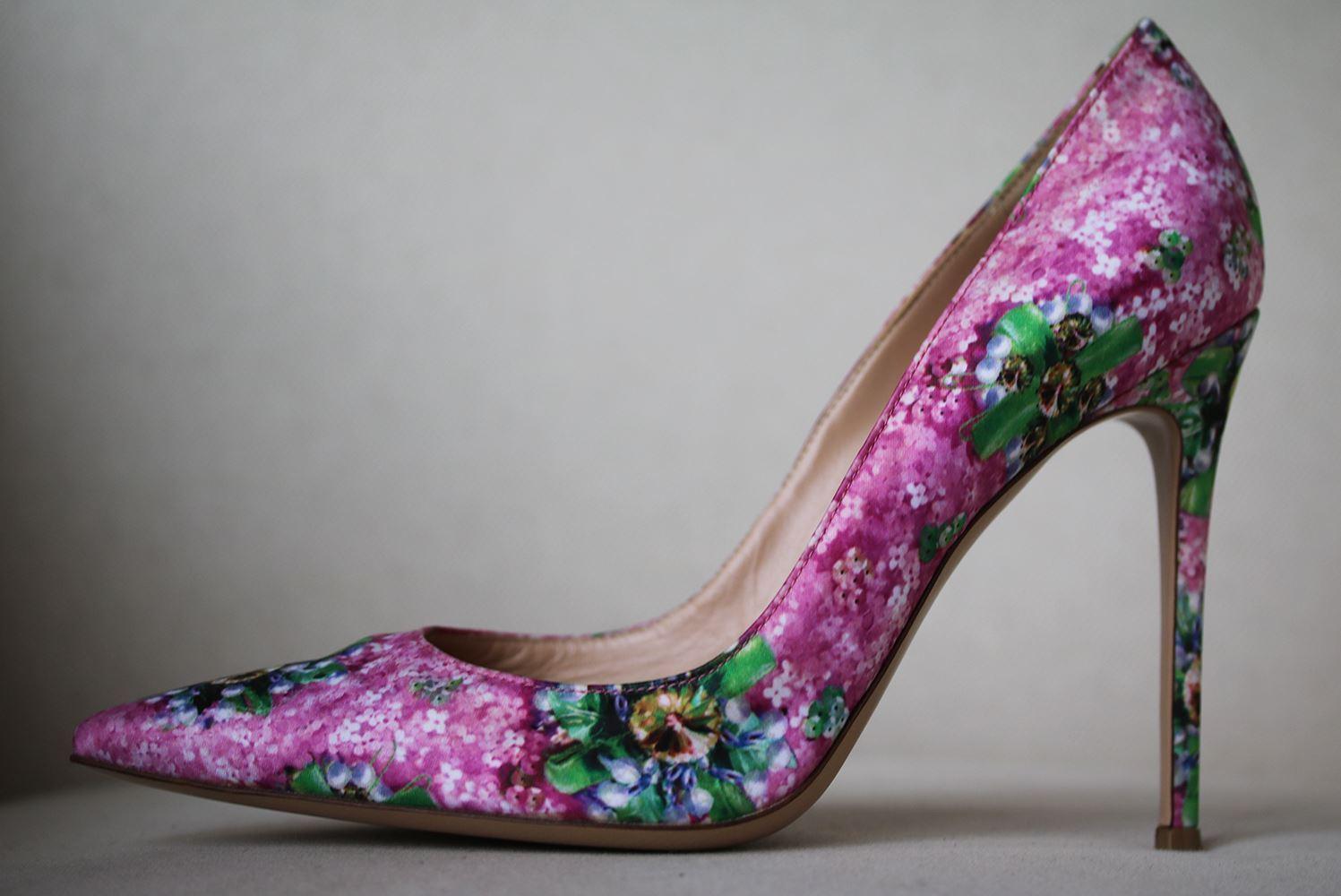 Mary Katrantzou + Gianvito Rossi collaboration. Heel measures approximately 100mm/ 4 inches. Shoes fascinated Mary Katrantzou this spring, so she partnered with Gianvito Rossi to create her own. These satin pumps feature the runway's kaleidoscopic