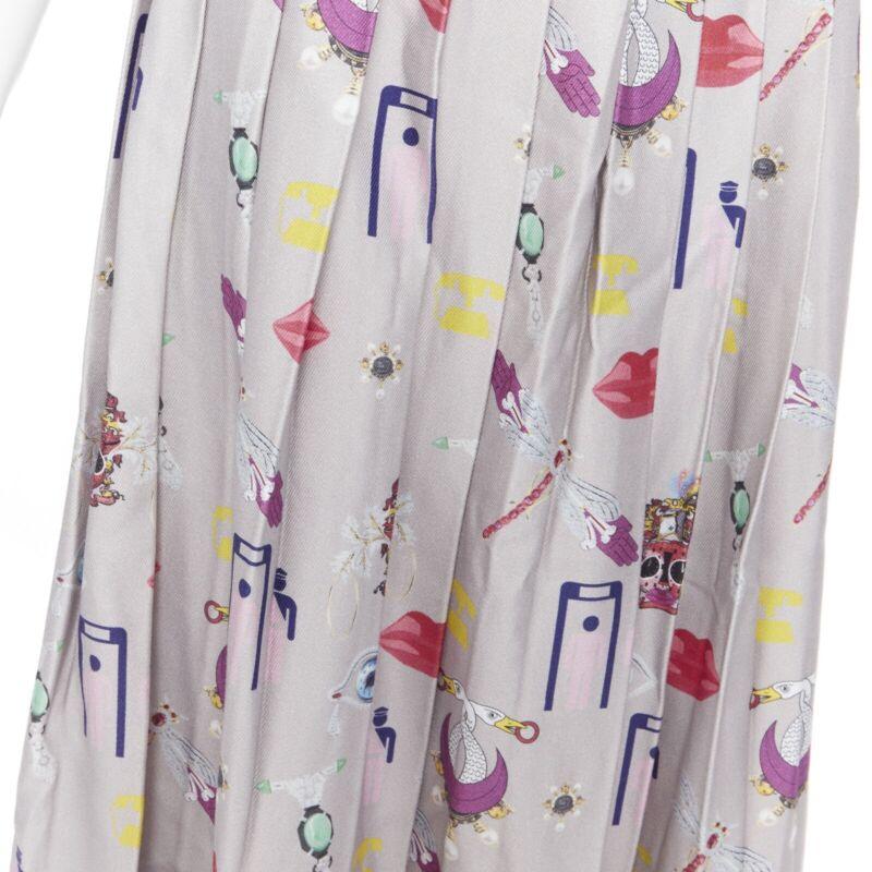 MARY KATRANTZOU grey mixed illustration print pleated midi flared skirt UK10 27