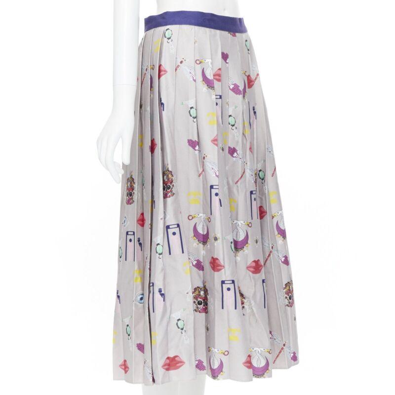 Gray MARY KATRANTZOU grey mixed illustration print pleated midi flared skirt UK10 27