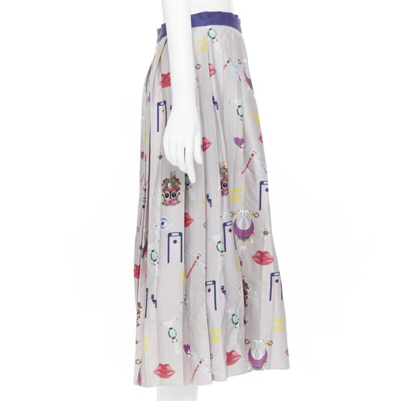 Women's MARY KATRANTZOU grey mixed illustration print pleated midi flared skirt UK10 27