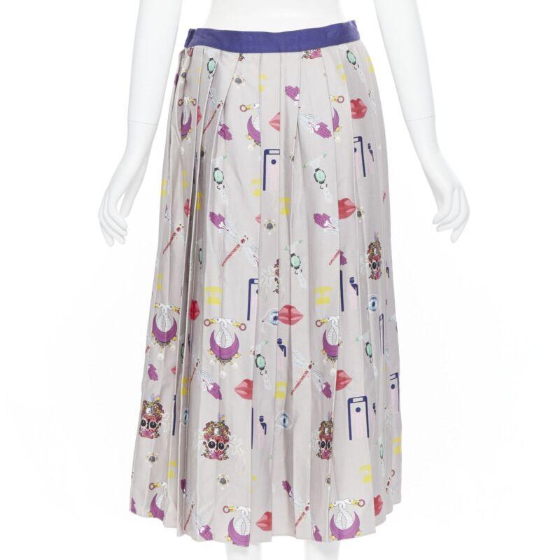 MARY KATRANTZOU grey mixed illustration print pleated midi flared skirt UK10 27