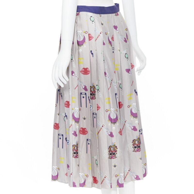 MARY KATRANTZOU grey mixed illustration print pleated midi flared skirt UK10 27
