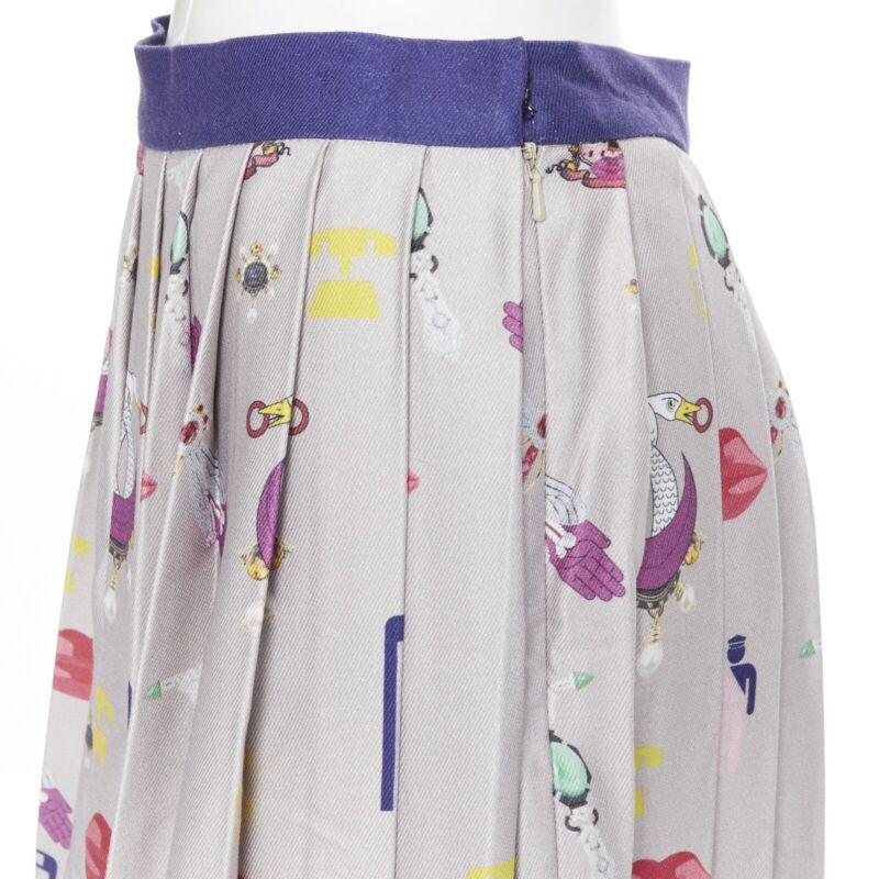MARY KATRANTZOU grey mixed illustration print pleated midi flared skirt UK10 27