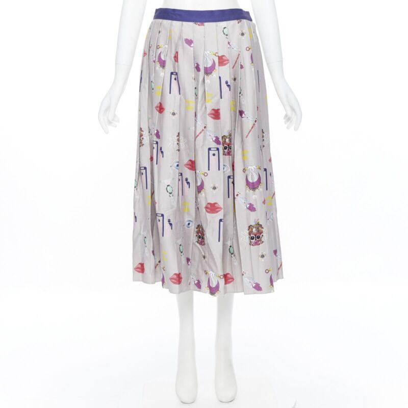 MARY KATRANTZOU grey mixed illustration print pleated midi flared skirt UK10 27