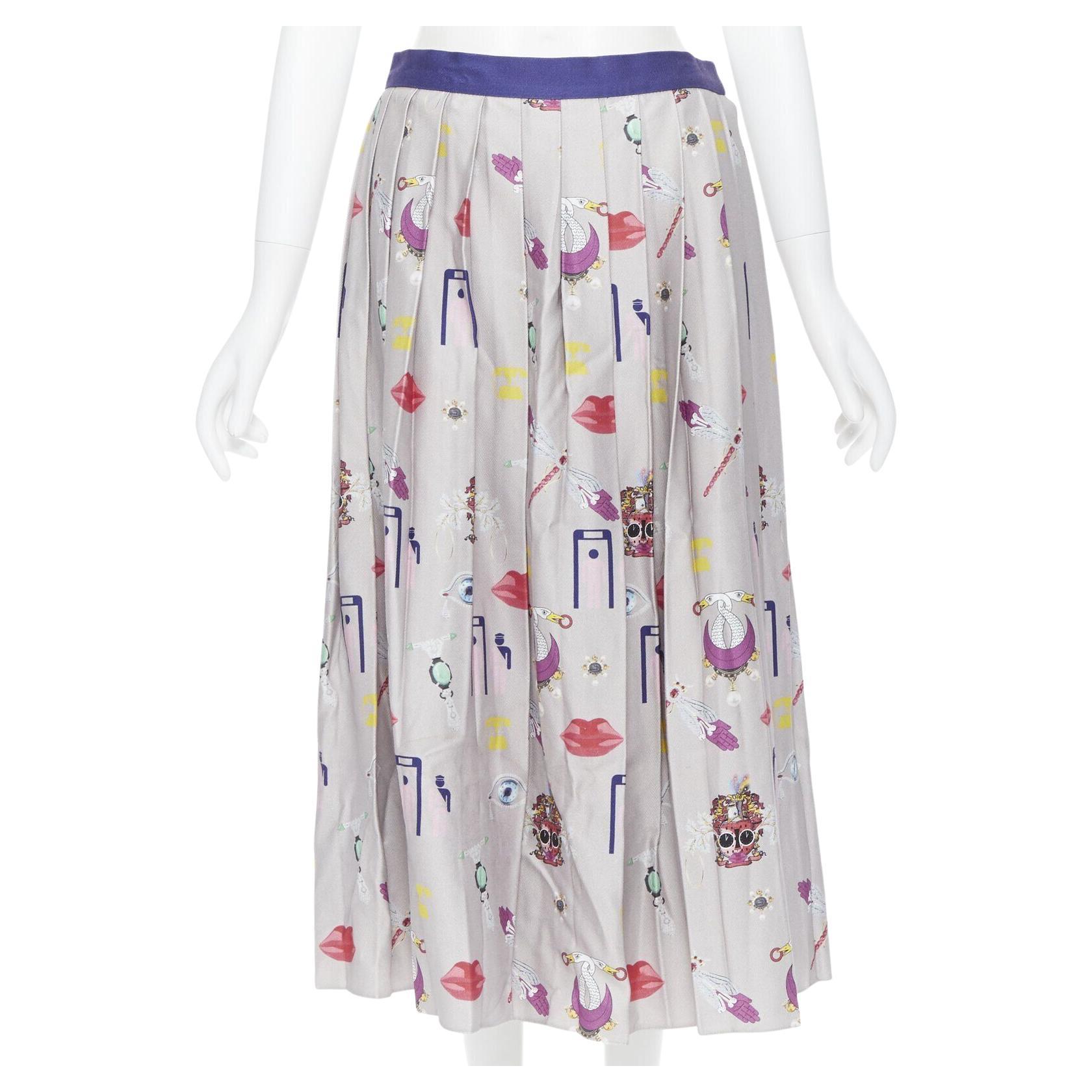 MARY KATRANTZOU grey mixed illustration print pleated midi flared skirt UK10 27" For Sale