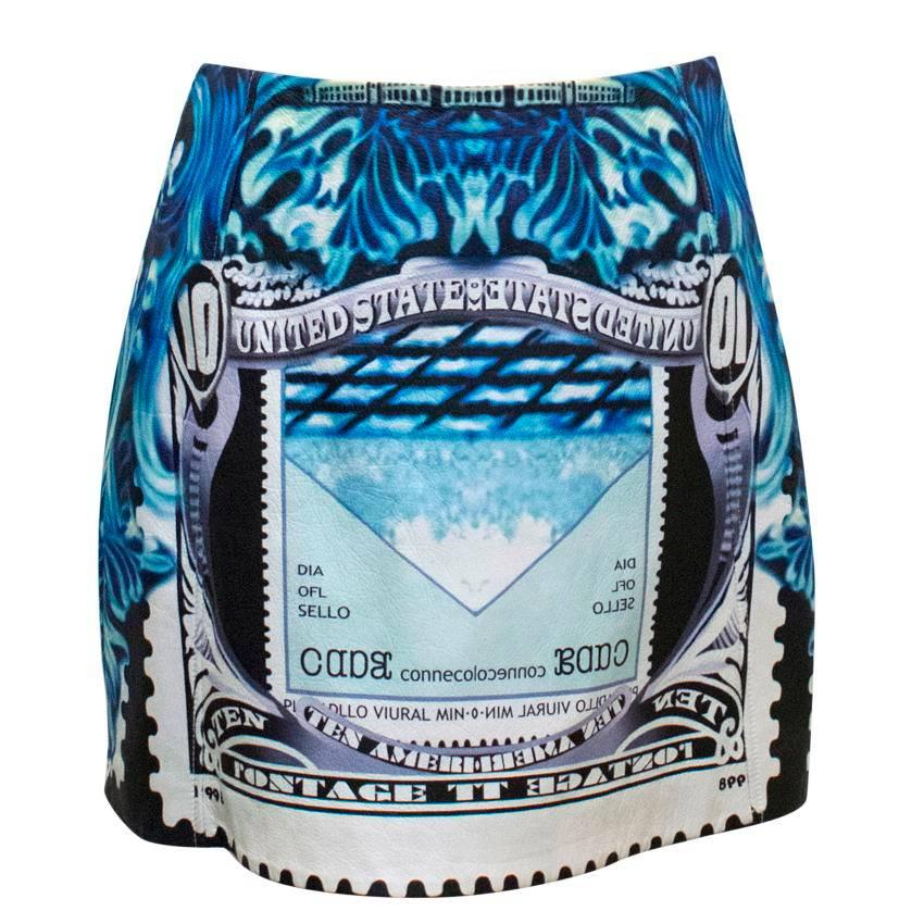 Mary Katrantzou 'Kal' leather, straight fitting mini skirt with a blue, white and black abstract print and graphic wording. 

Condition: 10/10

Approx measurements:

Measurements are taken with the item lying flat, seam to seam.
Waist: 32cm 
Hips: