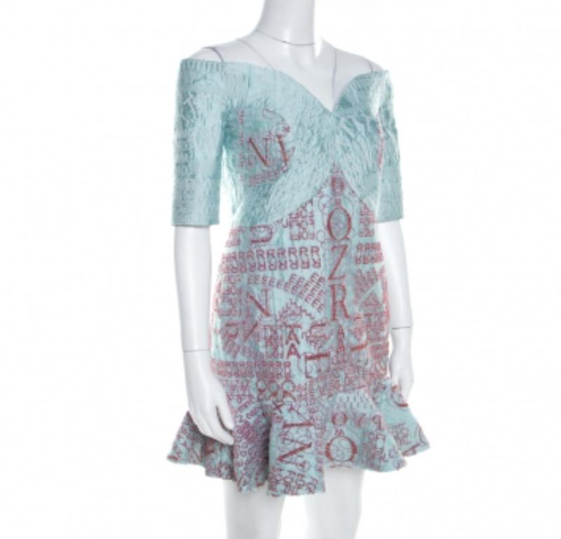 Mary Katrantzou Vestido de cóctel azul menta de jacquard y purpurina De Beau M en Excelente estado para la venta en Dubai, Al Qouz 2