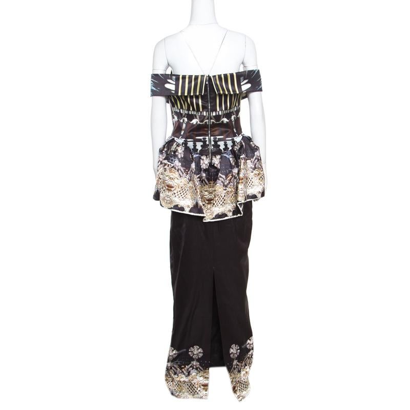 Black Mary Katrantzou Nebraska Printed Silk Satin Off Shoulder Peplum Maxi Dress M