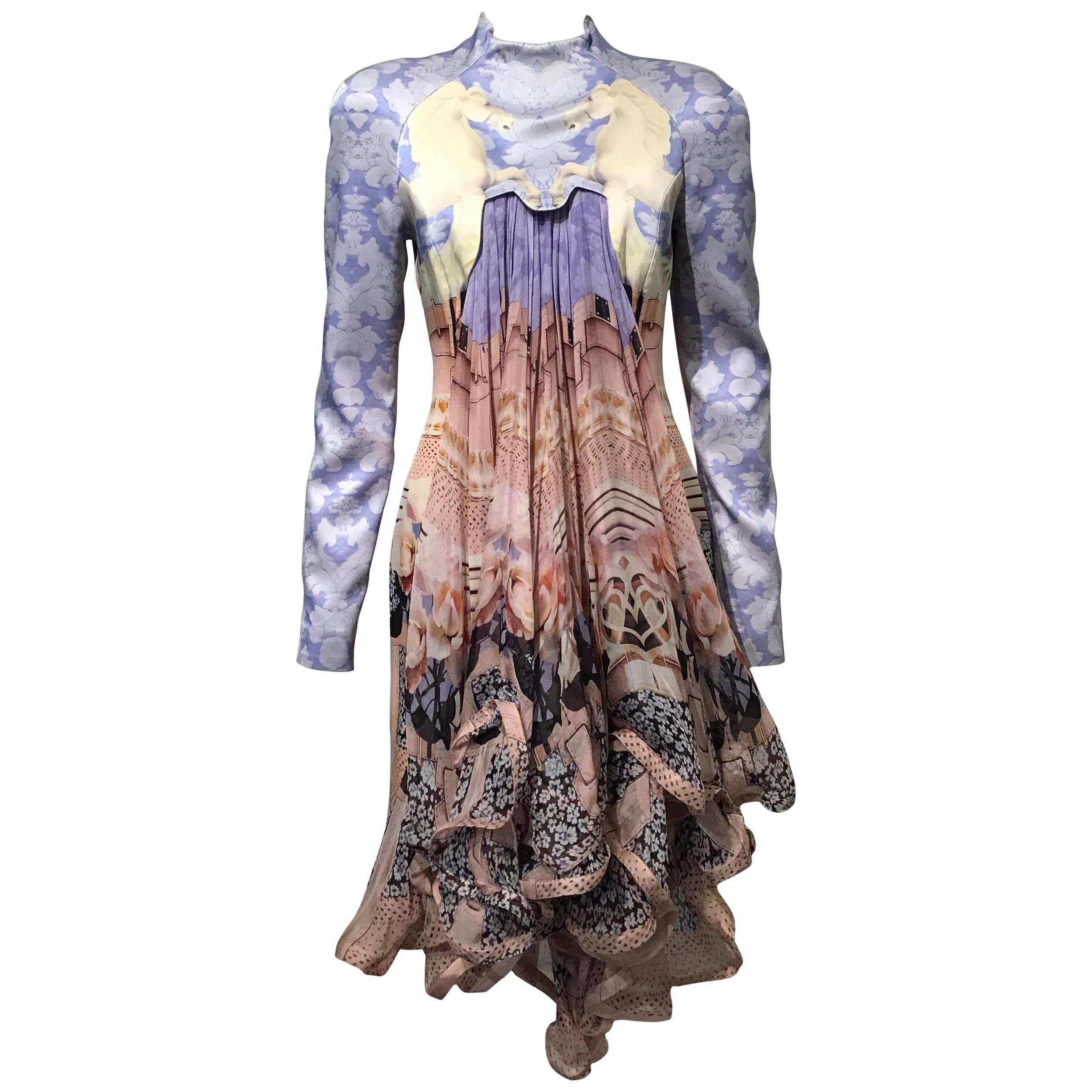 Mary Katrantzou Peony Porcelain Horse Print Dress, Chiffon Drape, size 6 For Sale