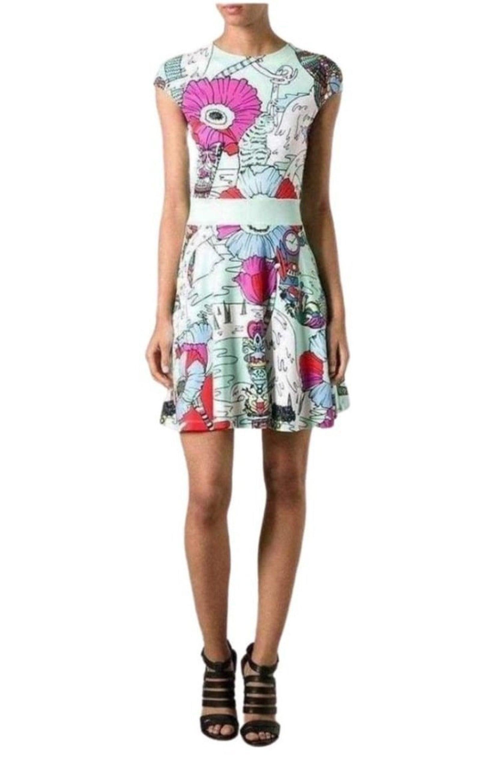 Cap sleeves
Fitted waist
Back zip fastening
A-line shape skirt
Ruffled design
Straight hem. 
Composition: Viscose 93%, Spandex/Elastane 7%. 
Made in UK
Bust 32
