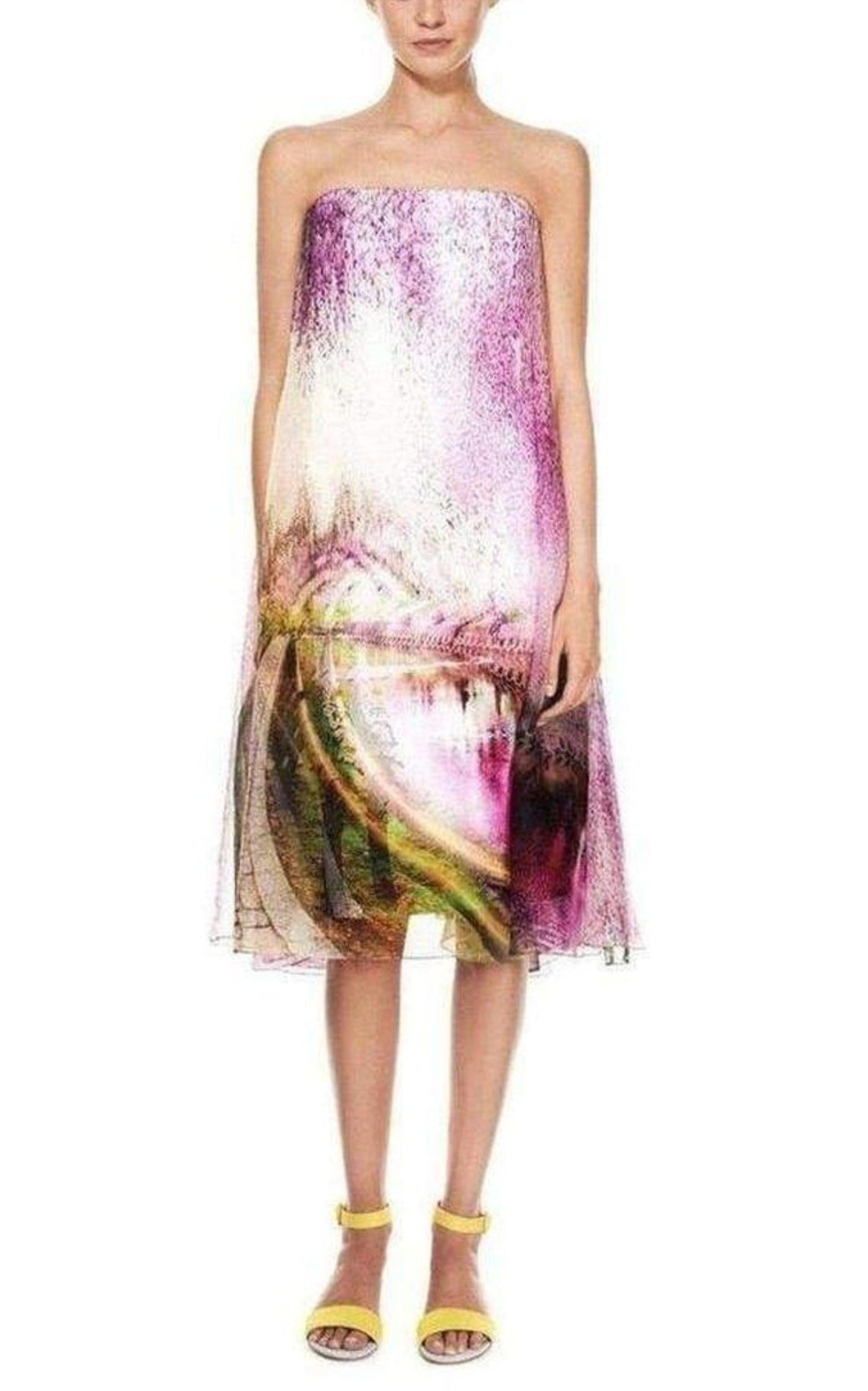 This strapless evening dress from Mary Katrantzou features a form-fitting sheath silhouette with a printed organza trapeze-style overlay.
Back zip.
100% polyester body with 100% silk overlay. 
Fully lined. 
Color: Underwood 
Made in UK 