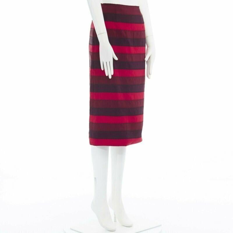 MARY KATRANTZOU red purple stripe ribbon overstitched fitted midi skirt UK8 26