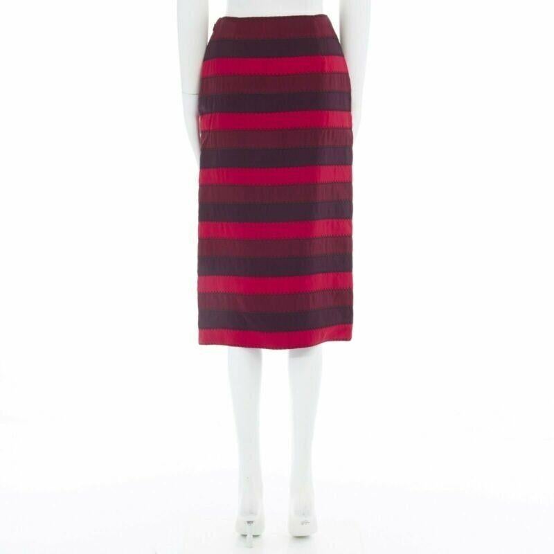 Women's MARY KATRANTZOU red purple stripe ribbon overstitched fitted midi skirt UK8 26