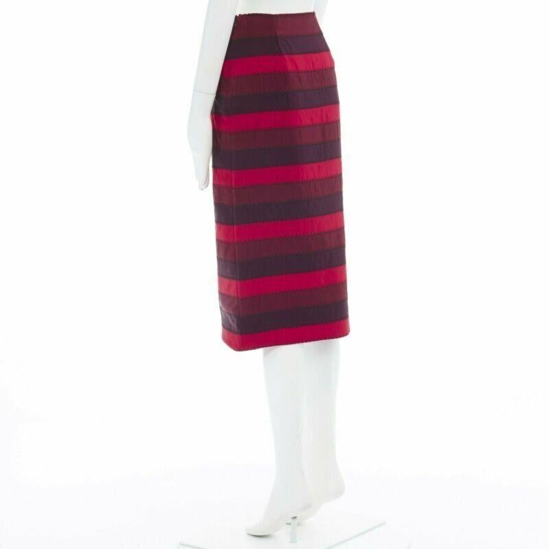 MARY KATRANTZOU red purple stripe ribbon overstitched fitted midi skirt UK8 26