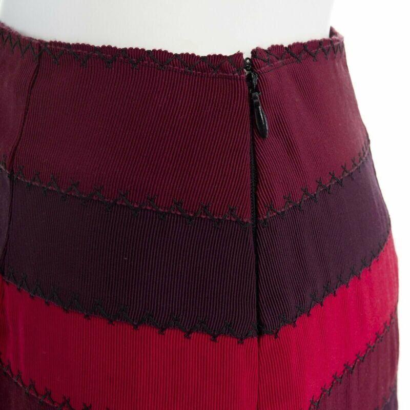 MARY KATRANTZOU red purple stripe ribbon overstitched fitted midi skirt UK8 26