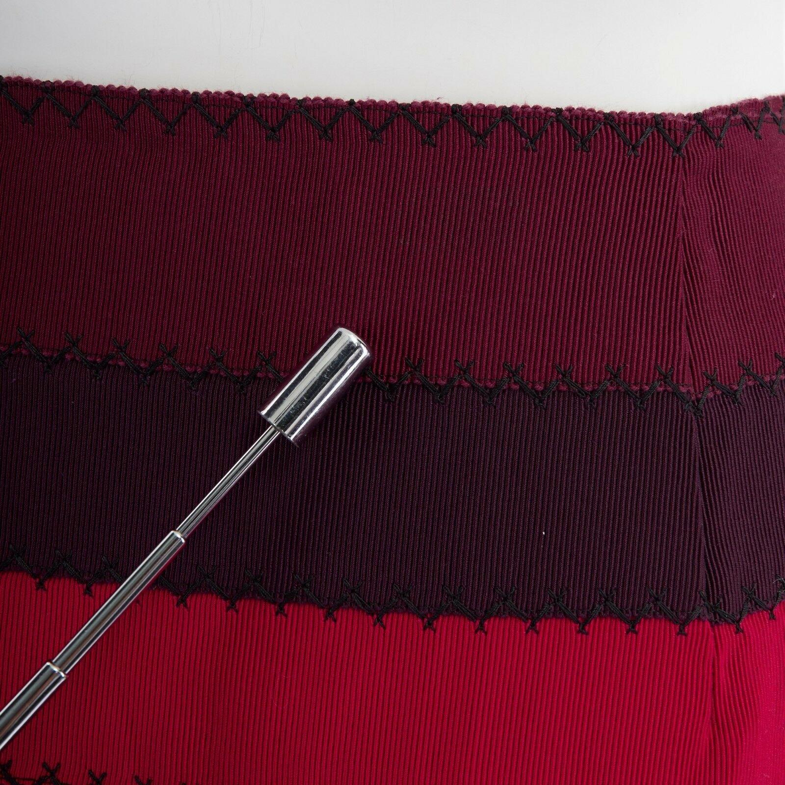 MARY KATRANTZOU red purple stripe ribbon overstitched fitted midi skirt UK8 26
