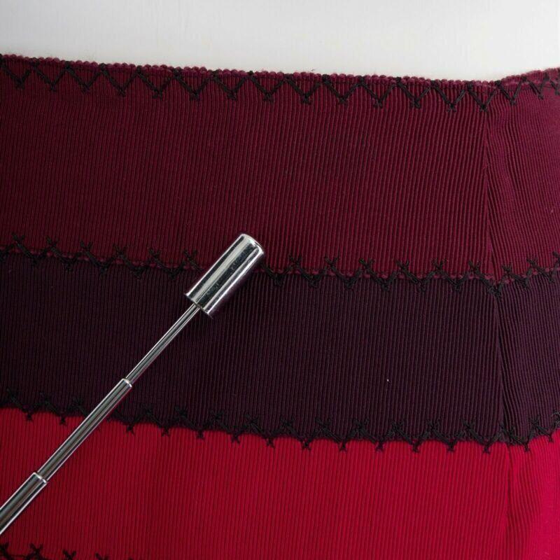MARY KATRANTZOU red purple stripe ribbon overstitched fitted midi skirt UK8 26