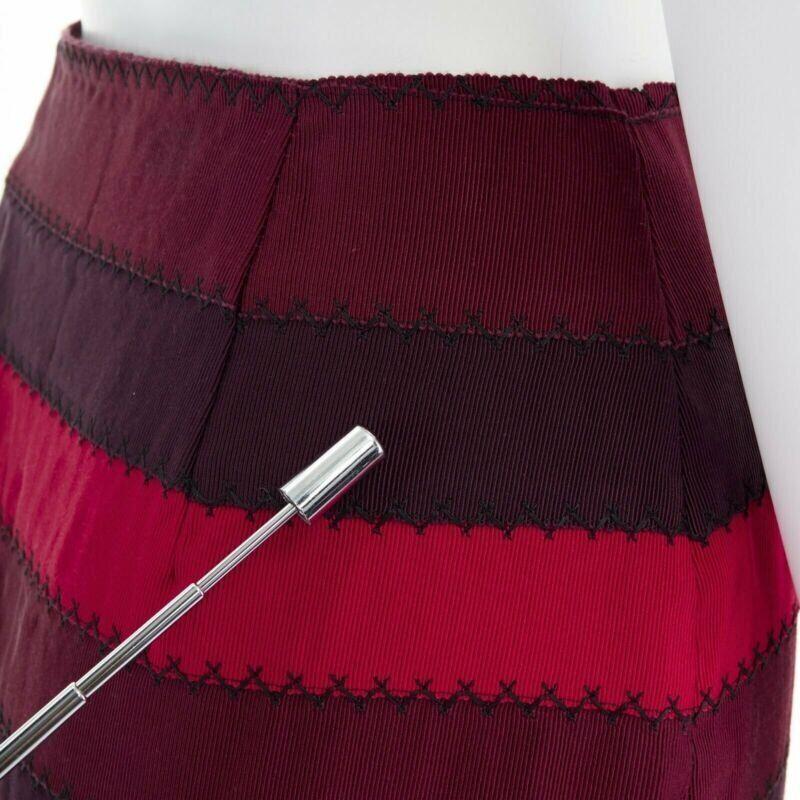 MARY KATRANTZOU red purple stripe ribbon overstitched fitted midi skirt UK8 26